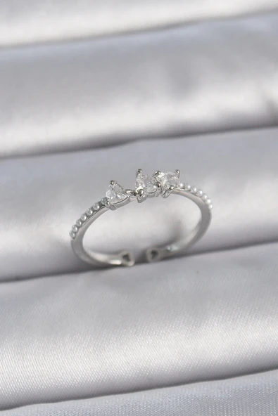 HEYF Pirinç Gümüş Renk Zirkon Taşlı Kalp İnci Detay Ayarlanabilir Model Kadın Yüzük ürün görseli 1