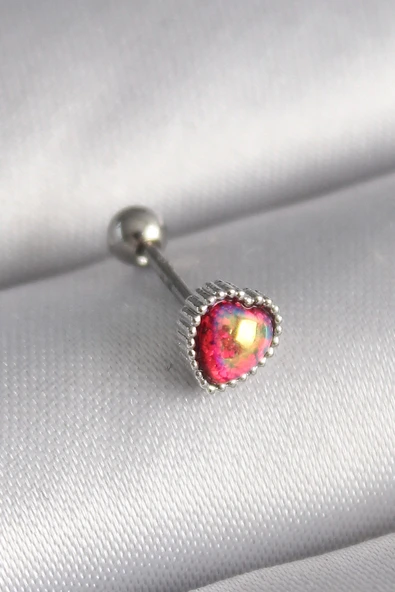 HEYF 316L Çelik Gümüş Renk Kırmızı Mineli Kalp Tragus Piercing ürün görseli 1