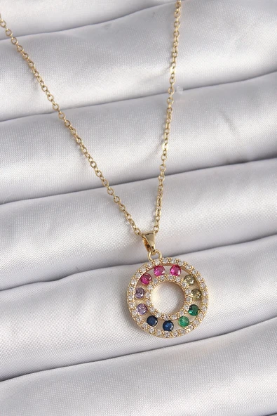 HEYF 316L Çelik Gold Renk Zincir Renkli Zirkon Taşlı Madalyon Model Kadın Kolye ürün görseli 1