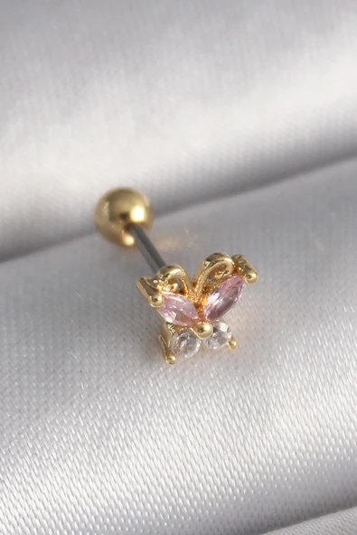 HEYF 316L Çelik Gold Renk Pembe Zirkon Taşlı Kelebek Tragus Piercing