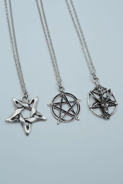 3'lü Pentagram Ters Pentagram Keçi Kafası Gümüş Kaplama Kolye Seti