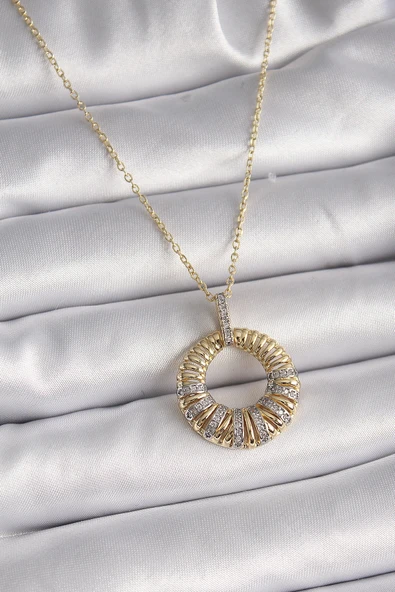 HEYF 316L Çelik Gold Renk Zincir Gümüş Zirkon Taşlı Daire Model Kadın Kolye ürün görseli 1