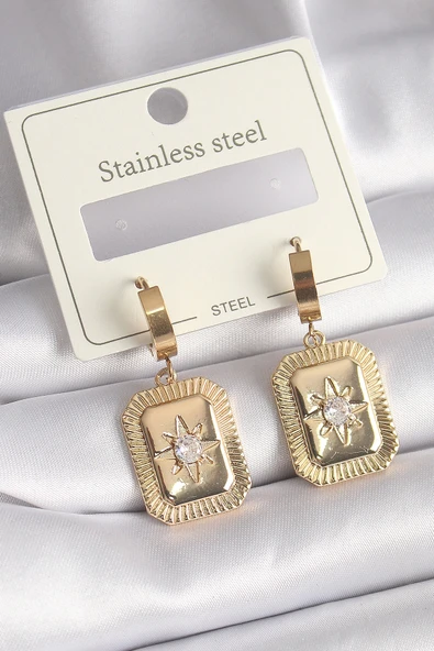 HEYF 316L Çelik Gold Renk Zirkon Taşlı Yıldız İşlemeli Kadın Küpe ürün görseli 1