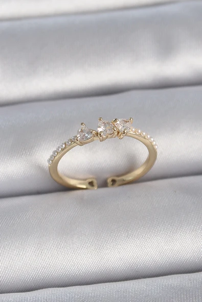 HEYF Pirinç Gold Renk Zirkon Taşlı Kalp İnci Detaylı Ayarlanabilir Model Kadın Yüzük ürün görseli 1