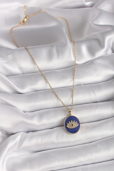 HEYF 316L Çelik Gold Renk Zincir Mavi Mineli Zirkon Taşlı Göz İşleme Kadın Kolye - Resim 2