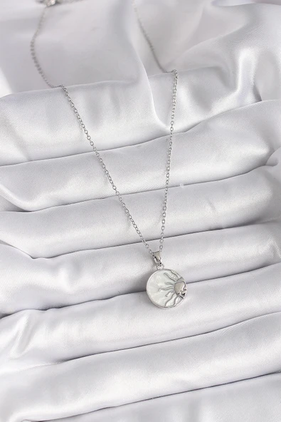 HEYF 316L Çelik Gümüş Renk Zincir Beyaz Sedefli Gün Batımı Model Kadın Kolye - Resim 2