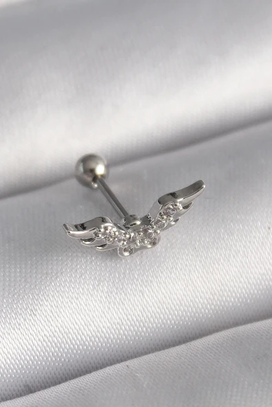 HEYF 316L Çelik Gümüş Renk Zirkon Taş Detay Kanat Model Tragus Piercing