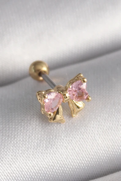 HEYF 316L Çelik Gold Renk Pembe Zirkon Taşlı Fiyonk Tragus Piercing