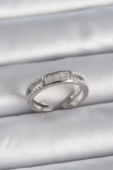 HEYF Pirinç Gümüş Renk Ayarlanabilir Sıralı İncili Zirkon Taşlı Kadın Yüzük ürün görseli 1