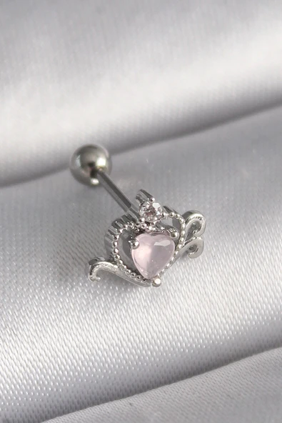 HEYF 316L Çelik Gümüş Renk Pembe Mineli Kalp Zirkon Taş Detay Tragus Piercing