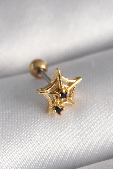 HEYF 316L Çelik Gold Renk Siyah Zirkon Taş Detay Örümcek Ağ Model Tragus Piercing - 1