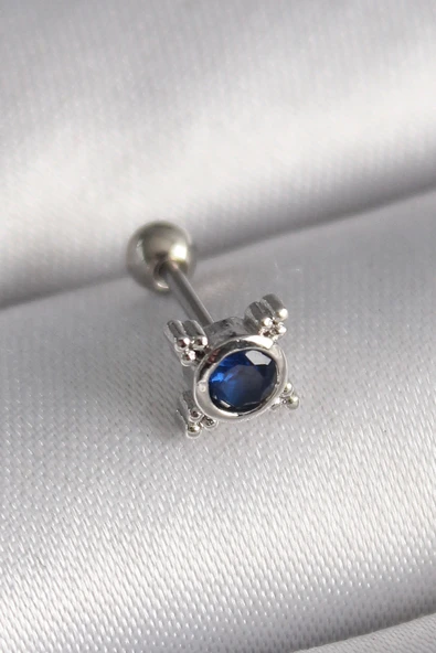 HEYF 316L Çelik Gümüş Renk Mavi Zirkon Taşlı Tragus Piercing