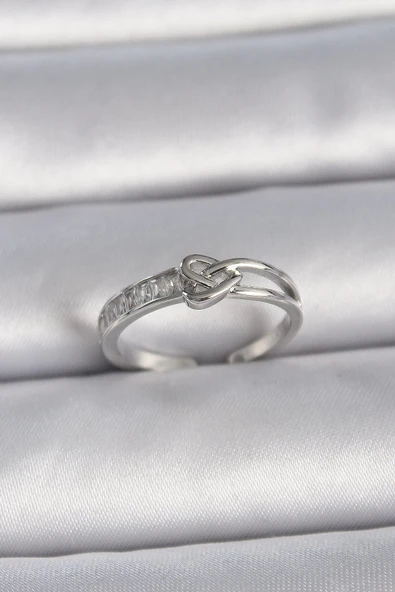 HEYF Pirinç Gümüş Renk Ayarlanabilir Zirkon Taşlı Düğüm Kalp Model Kadın Yüzük