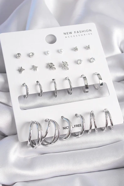 HEYF Pirinç Gümüş Renk Zirkon Taşlı 12 Çift Küpe Seti ürün görseli 1