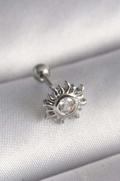 HEYF 316L Çelik Gümüş Renk Zirkon Taşlı Güneş Tragus Piercing ürün görseli 1