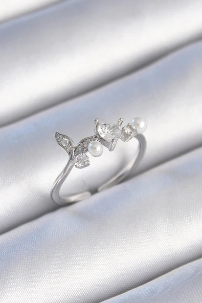 HEYF Pirinç Gümüş Renk Zirkon Taşlı Kalp Yaprak Model İnci Detay Kadın Yüzük ürün görseli 1