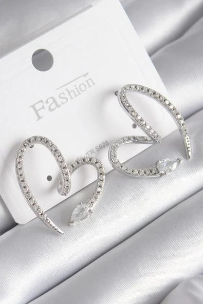 HEYF Pirinç Gümüş Renk Zirkon Taşlı Yılan Kalp Model Kadın Küpe ürün görseli 1
