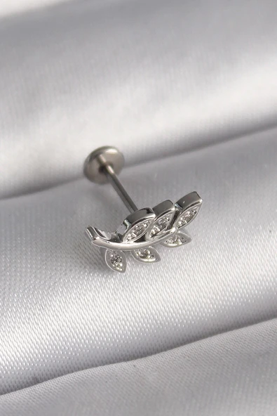 HEYF 316L Çelik Gümüş Renk Dal Model Zirkon Taş Detaylı Tragus Piercing