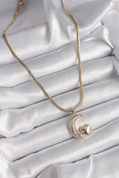 HEYF 316L Çelik Gold Renk Çelik İtalyan Zincir Zirkon Taşlı Halil Figür Kalp Detay Kadın Kolye - Resim 2