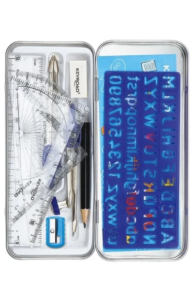 Teknik Çizim Seti 11 Parça Keyroad Metal Pergel Gönye Açı Ölçer İletki Harf Şablonu Metal Kutulu 971708 - 2
