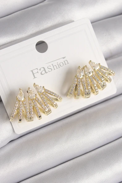 HEYF Pirinç Gold Renk Zirkon Taşlı Deniz Kabuğu Model Kadın Küpe ürün görseli 1