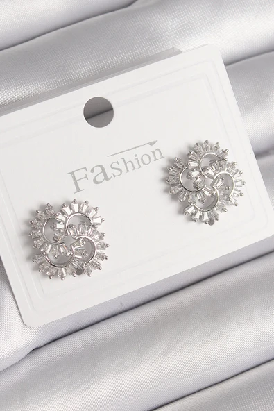 HEYF Pirinç Gümüş Renk Zirkon Taşlı Yonca Model Kadın Küpe