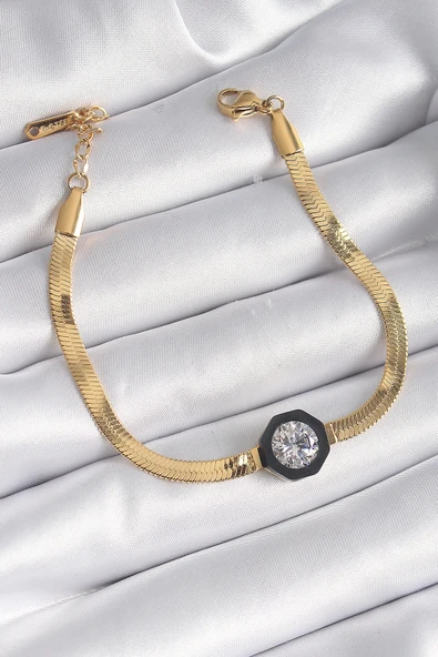 HEYF 316L Çelik Gold Renk Zirkon Taşlı İtalyan Zincir Model Kadın Bileklik