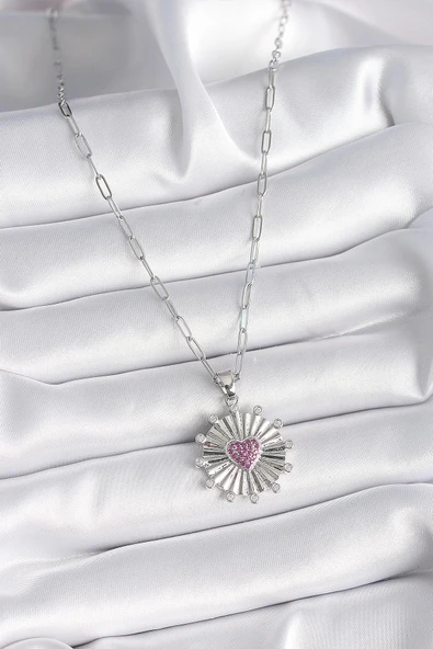 HEYF 316L Çelik Gümüş Renk Pembe Zirkon Taşlı Kalp İşleme Madalyon Model Kadın Kolye - Resim 2