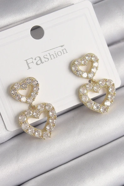 HEYF Pirinç Gold Renk Zirkon Taşlı Sallantı Kalp Model Kadın Küpe ürün görseli 1