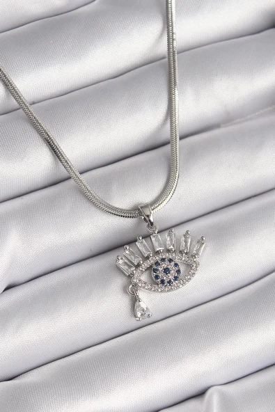 HEYF 316L Çelik Gümüş Renk İtalyan Zincir Zirkon Taşlı Göz Model Kadın Kolye ürün görseli 1