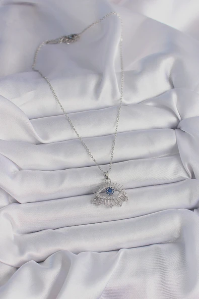 HEYF 316L Çelik Gümüş Renk Zincir Zirkon Taşlı Göz Model Kadın Kolye - Resim 2