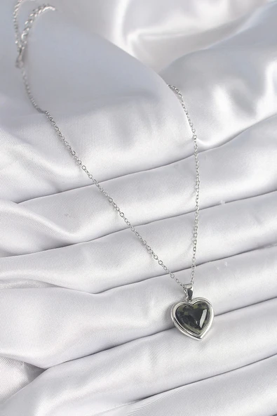 HEYF 316L Çelik Gümüş Renk Yeşil Mineli Kalp Model Kadın Kolye - Resim 2