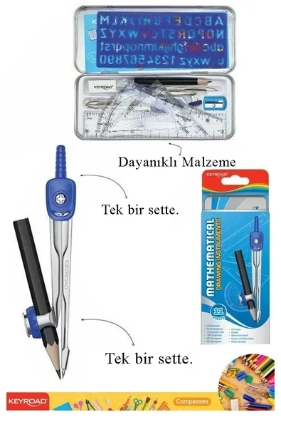 Teknik Çizim Seti 11 Parça Keyroad Metal Pergel Gönye Açı Ölçer İletki Harf Şablonu Metal Kutulu 971708 - 5
