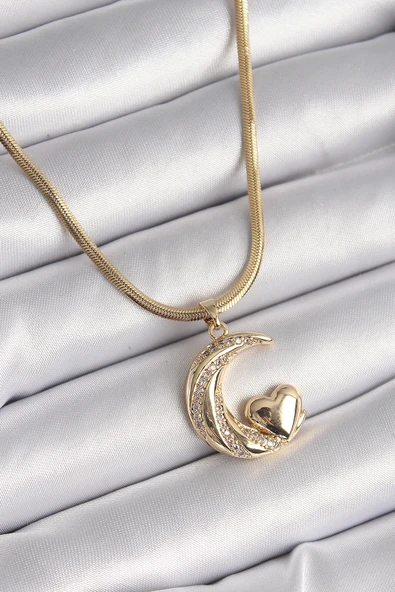 HEYF 316L Çelik Gold Renk Çelik İtalyan Zincir Zirkon Taşlı Halil Figür Kalp Detay Kadın Kolye ürün görseli 1