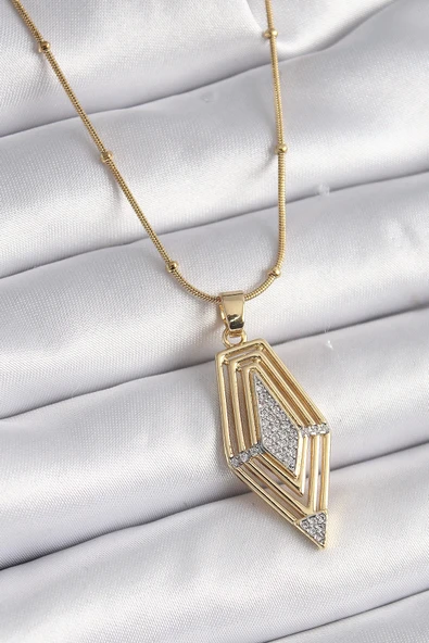 HEYF 316L Çelik Gold Renk Zirkon Taşlı Vintage Model Kadın Kolye