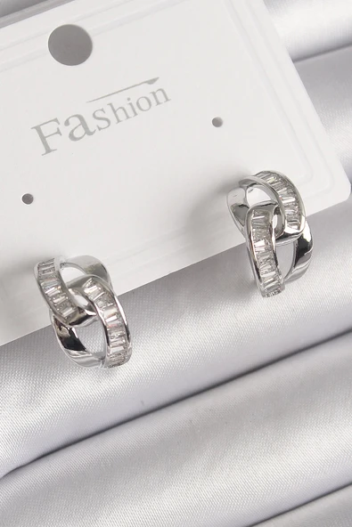 HEYF Pirinç Gümüş Renk Zirkon Taşlı Zincir Model Kadın Küpe ürün görseli 1