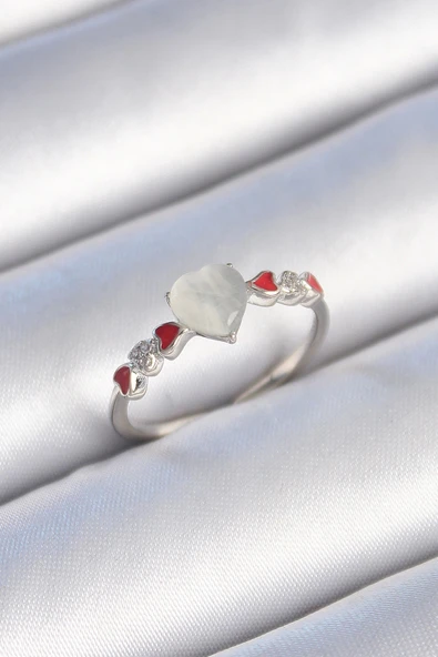 HEYF Pirinç Gümüş Renk Beyaz Mineli Kalp Model Zirkon Taş Detaylı Kadın Yüzük ürün görseli 1