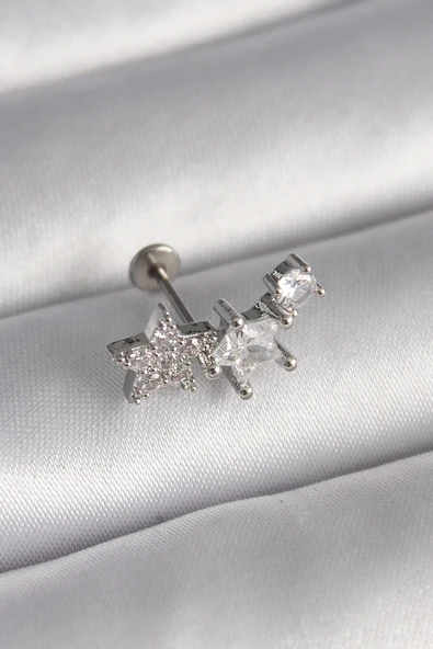 HEYF 316L Çelik Gümüş Renk Zirkon Taşlı Yıldız Model Tragus Piercing ürün görseli 1