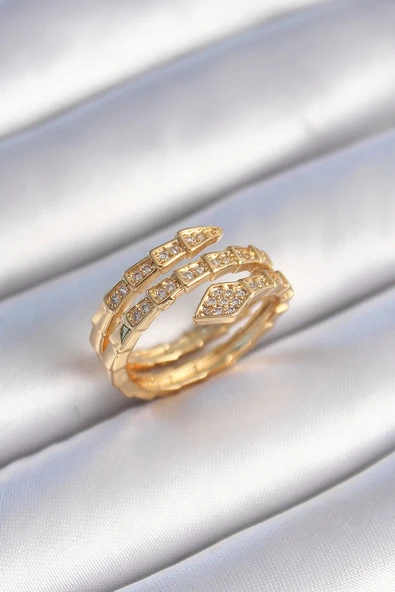 HEYF Pirinç Gold Renk Zirkon Taşlı Yılan Model Kadın Yüzük