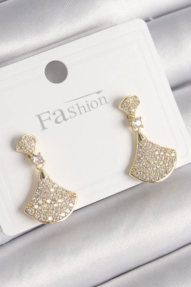 HEYF Pirinç Gold Renk Zirkon Taşlı Motif Model Kadın Küpe