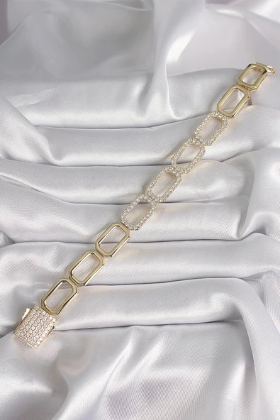 HEYF Pirinç Gold Renk Zirkon Taşlı Zincir Model Xuping VIP Exclusive Seri Bileklik - Resim 2