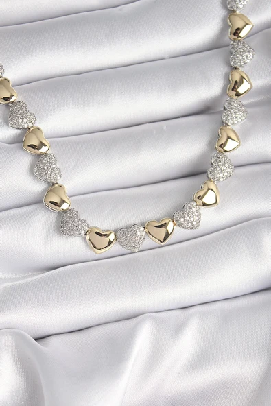 HEYF Pirinç Mix Renk Zirkon Taşlı Kalp Model VIP Exclusive Seri Kadın Kolye ürün görseli 1