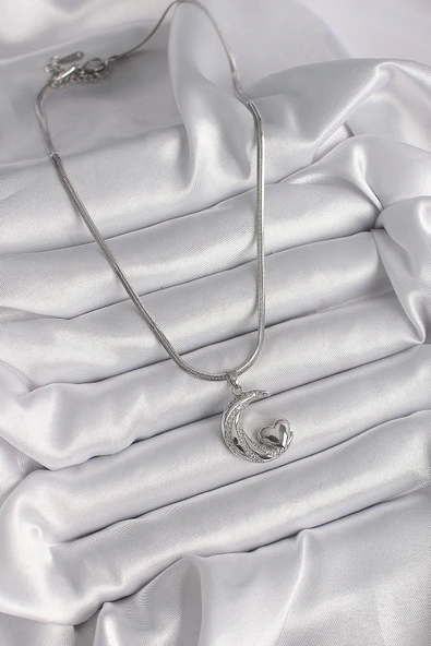 HEYF 316L Çelik Gümüş Renk İtalyan Zincir Zirkon Taşlı Halil Figür Kalp Detay Kadın Kolye - Resim 2