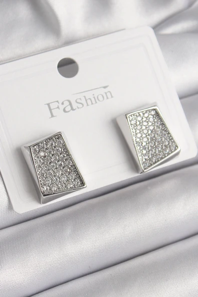 HEYF Pirinç Gümüş Renk Zirkon Taşlı Plaka Model Kadın Küpe ürün görseli 1