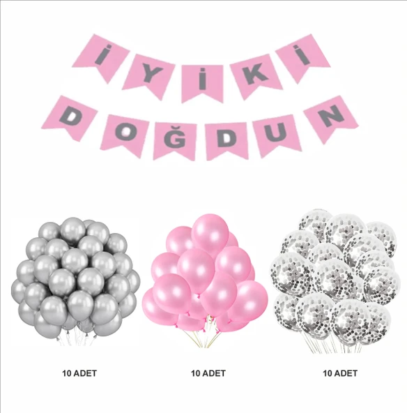 METALİK PEMBE-ŞEFFAF-GÜMÜŞ BALON+BANNER SETİ - Resim 2