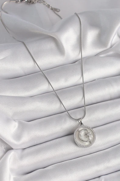 HEYF 316L Çelik Gümüş Renk Zincir Zirkon Taş Detaylı Beyaz Sedefli Ay Yıldız İşleme Kadın Kolye - Resim 2