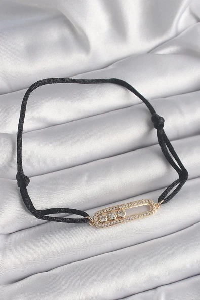 HEYF Siyah Renk İpli Asansör Gold Messika Model Kadın Bileklik ürün görseli 1