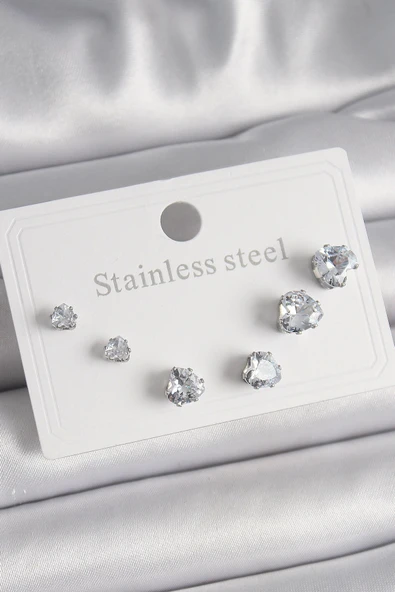 HEYF 316L Çelik Gümüş Renk Zirkon Taşlı Kalp Model Kadın Küpe Seti ürün görseli 1