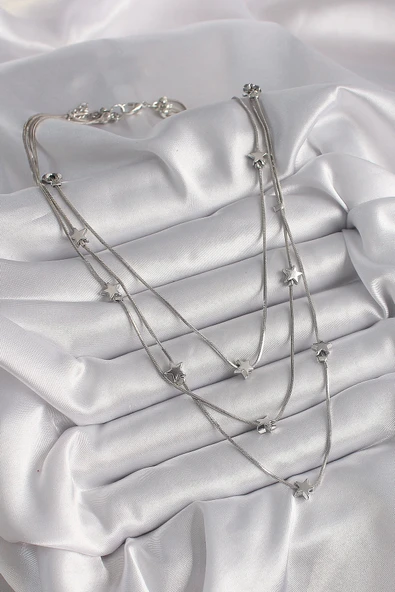 HEYF Pirinç Gümüş Renk 3'Lü Yıldız Model Kadın Kolye - Resim 2