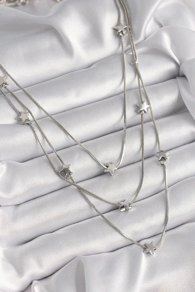 HEYF Pirinç Gümüş Renk 3'Lü Yıldız Model Kadın Kolye ürün görseli